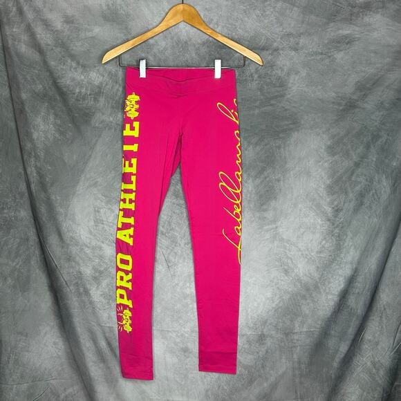 NEW La Bella Mafia Leggings Women S Bright Pink Pro Athlete Logo in Yellow - Picture 1 of 9